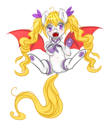 Size: 2083x2301 | Tagged: safe, artist:hanaty, oc, oc only, oc:yui chisaki, bat pony, pony, vampire, vampony, bat pony oc, cute, fangs, female, high res, lolita fashion, mare, on back, pigtails, simple background, solo, tsundere, twintails, white background