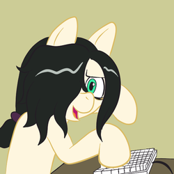 Size: 576x576 | Tagged: safe, artist:scraggleman, edit, oc, oc only, oc:floor bored, earth pony, pony, 4chan, female, keyboard, looking at you, mare, ponytail, solo