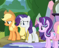 Size: 324x263 | Tagged: safe, screencap, applejack, fluttershy, rainbow dash, rarity, starlight glimmer, earth pony, pegasus, pony, unicorn, g4, horse play, adorable distress, animated, applejack's hat, cowboy hat, cropped, cute, female, floppy ears, flying, gritted teeth, hat, mare, nervous