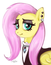 Size: 495x624 | Tagged: safe, artist:hardbrony, fluttershy, pony, fake it 'til you make it, g4, clothes, ear piercing, female, fluttergoth, lidded eyes, looking at you, piercing, simple background, solo, traditional art, white background