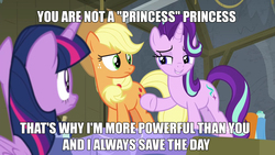 Size: 1920x1080 | Tagged: safe, edit, edited screencap, screencap, applejack, starlight glimmer, twilight sparkle, alicorn, pony, g4, horse play, background pony strikes again, blatant lies, downvote bait, drama, image macro, meme, mouthpiece, op is a duck, op is trying to start shit, starlight drama, twilight sparkle (alicorn)