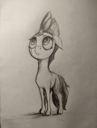 Size: 679x896 | Tagged: safe, artist:ponsce, tempest shadow, pony, g4, my little pony: the movie, broken horn, female, horn, looking up, mare, monochrome, scare, sketch, traditional art