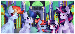 Size: 4000x1831 | Tagged: dead source, safe, artist:moon-rose-rosie, rainbow dash, twilight sparkle, oc, alicorn, pegasus, pony, unicorn, g4, family, female, lesbian, magical lesbian spawn, offspring, parent:rainbow dash, parent:twilight sparkle, parents:twidash, ship:twidash, shipping, twilight sparkle (alicorn)