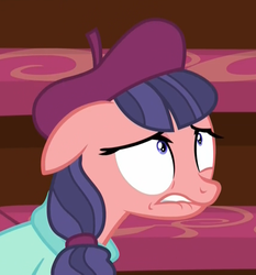 Size: 860x923 | Tagged: safe, screencap, raspberry beret, earth pony, pony, g4, horse play, beret, cropped, female, frantic, frustrated, hat, invisible stallion, lip bite, looking up, mare, nervous, solo