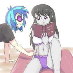 Size: 3248x3248 | Tagged: safe, artist:sumin6301, dj pon-3, octavia melody, vinyl scratch, equestria girls, g4, 1984, belly button, bikini, book, breasts, clothes, female, high res, lesbian, midriff, panties, ship:scratchtavia, shipping, shirt, simple background, smiling, sunglasses, swimsuit, underwear, white background