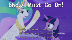 Size: 1563x881 | Tagged: safe, edit, edited screencap, screencap, princess celestia, twilight sparkle, alicorn, pony, g4, horse play, freddie mercury, meme, queen (band), song reference, the show must go on (song), twilight sparkle (alicorn)