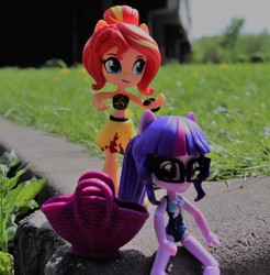 Size: 3203x3256 | Tagged: safe, artist:artofmagicpoland, sci-twi, sunset shimmer, twilight sparkle, equestria girls, equestria girls series, g4, bag, clothes, doll, equestria girls minis, female, glasses, grass, high res, lesbian, ponytail, ship:sci-twishimmer, ship:sunsetsparkle, shipping, swimsuit, toy