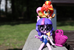 Size: 6000x4000 | Tagged: safe, artist:artofmagicpoland, fluttershy, sci-twi, sunset shimmer, twilight sparkle, equestria girls, equestria girls series, g4, bag, clothes, doll, equestria girls minis, female, glasses, irl, looking at you, photo, pun title, swimsuit, toy