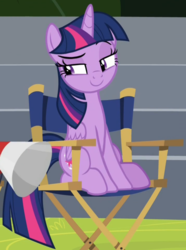Size: 716x963 | Tagged: safe, screencap, twilight sparkle, alicorn, pony, g4, horse play, chair, cropped, director's chair, female, mare, megaphone, raised eyebrow, smug, solo, twilight sparkle (alicorn)