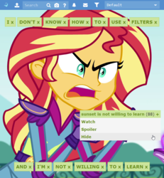 Size: 799x864 | Tagged: safe, edit, edited screencap, screencap, sunset shimmer, derpibooru, equestria girls, g4, my little pony equestria girls: friendship games, exploitable meme, filters, image macro, meme, meta, sunset is not willing to learn, tags