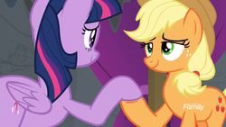 Size: 1920x1080 | Tagged: safe, screencap, applejack, twilight sparkle, alicorn, earth pony, pony, g4, horse play, discovery family logo, duo, eye contact, female, holding hooves, lidded eyes, looking at each other, mare, out of context, shipping fuel, smiling, twilight sparkle (alicorn)