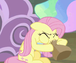 Size: 717x593 | Tagged: safe, screencap, fluttershy, princess celestia, g4, horse play, animated, cropped, eyes closed, female, freakout, hoof hold, hyperventilating, offscreen character, paper bag, phobiashy, solo focus