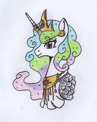 Size: 590x739 | Tagged: safe, artist:kuroneko, derpibooru exclusive, princess celestia, alicorn, pony, g4, bust, crown, female, horn, horn ring, jewelry, mare, redesign, regalia, simple background, solo, traditional art, white background