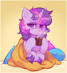 Size: 1560x1700 | Tagged: dead source, safe, artist:lispp, twilight sparkle, pony, unicorn, g4, blanket, coffee, cup, female, looking at you, mare, pillow, solo, steam, unicorn twilight