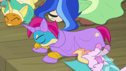Size: 800x450 | Tagged: safe, screencap, gallus, silverstream, smolder, yona, dragon, griffon, yak, g4, horse play, animated, clothes, costume, cute, diastreamies, dragoness, eyes closed, fake ears, fake horn, female, gif, lying down, pain, playing dead, teenaged dragon, teenager, tongue out, wig