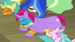 Size: 1920x1080 | Tagged: safe, screencap, gallus, silverstream, smolder, yona, g4, horse play, animated, fake horn, no sound, playing dead, tongue out, webm