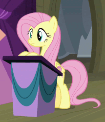 Size: 875x1018 | Tagged: safe, screencap, fluttershy, pegasus, pony, g4, horse play, season 8, animated, bipedal, bipedal leaning, cropped, cute, female, leaning, one eye closed, podium, shyabetes, solo, wink