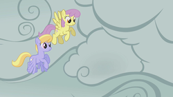 Size: 1280x720 | Tagged: safe, screencap, cloud kicker, parasol, pegasus, pony, g4, look before you sleep, background pony, cloud, cloudy, duo, female, mare