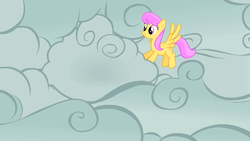 Size: 1280x720 | Tagged: safe, screencap, sunny rays, pegasus, pony, g4, look before you sleep, background pony, cloud, cloudy, female, flying, mare, smiling, solo
