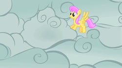 Size: 1280x720 | Tagged: safe, screencap, sunny rays, pegasus, pony, g4, look before you sleep, background pony, cloud, cloudy, female, flying, mare, overcast, smiling, solo