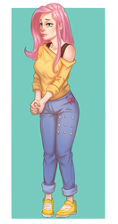 Size: 1376x2600 | Tagged: safe, artist:monnian, fluttershy, human, g4, clothes, female, human female, humanized, jeans, pants, solo
