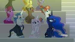 Size: 1920x1080 | Tagged: safe, screencap, berry punch, berryshine, coco crusoe, dark moon, fancypants, fleur-de-lis, graphite, junebug, princess luna, rainbow stars, rainbowshine, alicorn, earth pony, pegasus, pony, unicorn, g4, horse play, angry, clapping, dawn, discovery family logo, excited, female, frown, hooves on cheeks, looking up, luna is not amused, male, mare, sitting, smiling, stallion, unamused, varying degrees of amusement
