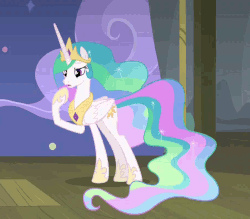 Size: 912x799 | Tagged: safe, screencap, princess celestia, alicorn, pony, g4, horse play, animated, blinking, cropped, cute, cutelestia, ethereal mane, eyes closed, female, frown, grin, mare, open mouth, raised eyebrow, raised hoof, raised leg, sillestia, silly, smiling, solo, stage, talking, thinking, wide eyes