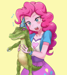 Size: 800x889 | Tagged: safe, artist:tzc, gummy, pinkie pie, alligator, equestria girls, g4, blushing, clothes, cute, female, happy, hat, male, open mouth, party hat, pet, realistic, simple background, skirt, yellow background