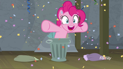 Size: 1920x1080 | Tagged: safe, screencap, pinkie pie, earth pony, pony, g4, horse play, confetti, female, happy, mare, pinkie being pinkie, trash can