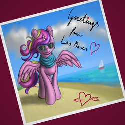Size: 4934x4934 | Tagged: safe, artist:cluvry, princess cadance, alicorn, pony, g4, absurd resolution, beach, female, mare, photo, smiling, solo, sunglasses, water