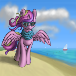 Size: 6000x6000 | Tagged: safe, artist:cluvry, princess cadance, alicorn, pony, g4, absurd resolution, beach, female, mare, smiling, solo, sunglasses, water