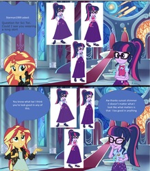 Size: 1090x1243 | Tagged: safe, artist:cloudy glow, artist:sketchmcreations, editor:php77, sci-twi, sunset shimmer, twilight sparkle, equestria girls, g4, my little pony equestria girls: better together, bowtie, camp everfree outfits, clothes, comic, geode of telekinesis, glasses, magical geodes, ponytail, skirt