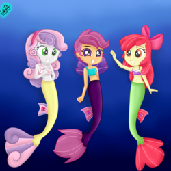 Size: 1800x1800 | Tagged: safe, artist:liniitadash23, apple bloom, scootaloo, sweetie belle, mermaid, seapony (g4), equestria girls, g4, surf and/or turf, bow, clothes, cute, cutie mark crusaders, equestria girls interpretation, fin wings, fins, hairband, mermaidized, ocean, scene interpretation, sea-mcs, seaponified, seapony apple bloom, seapony scootaloo, seapony sweetie belle, show accurate, signature, species swap, the cmc's cutie marks, underwater, wings