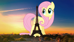 Size: 2560x1440 | Tagged: safe, artist:dashiesparkle, artist:theotterpony, fluttershy, pegasus, pony, g4, eiffel tower, female, france, giant pony, highrise ponies, irl, macro, mare, paris, photo, ponies in real life, solo, story in the source