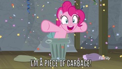 Size: 1920x1080 | Tagged: safe, edit, edited screencap, screencap, pinkie pie, g4, horse play, confetti, discovery family logo, image macro, meme, trash can