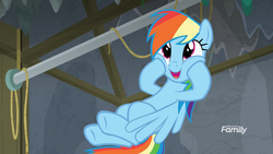 Size: 1920x1080 | Tagged: safe, screencap, rainbow dash, pegasus, pony, g4, horse play, cute, dashabetes, female, mare, open mouth, rope, smiling, solo, squishy cheeks