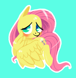 Size: 3814x3916 | Tagged: safe, artist:1eg, fluttershy, pegasus, pony, g4, blushing, covering, female, green background, high res, mare, outline, simple background, smiling, solo, turned head, wings
