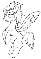 Size: 2180x3128 | Tagged: safe, artist:mjangelvortex, derpibooru exclusive, oc, oc only, oc:charred smoke, pegasus, pony, female, flying, gift art, high res, lidded eyes, lineart, mare, messy hair, messy mane, smiling, smug, traditional art, wip