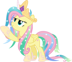 Size: 5237x4533 | Tagged: safe, artist:jhayarr23, fluttershy, pegasus, pony, g4, horse play, absurd resolution, acting, best princess, celestia costume, celestia's crown, clothes, costume, crown, fake horn, female, flutterbeautiful, jewelry, mare, raised hoof, regalia, roleplay, shylestia, simple background, transparent background, vector