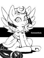 Size: 728x963 | Tagged: safe, artist:hobilo, somnambula, pegasus, pony, g4, black and white, female, grayscale, headdress, looking at you, mare, monochrome, simple background, solo, white background