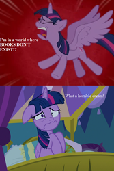 Size: 864x1296 | Tagged: safe, edit, edited screencap, editor:korora, screencap, twilight sparkle, alicorn, pony, g4, horse play, school daze, bed, comic, cropped, female, floppy ears, messy mane, nightmare, solo, text, that pony sure does love books, twilight sparkle (alicorn)