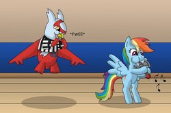 Size: 1100x726 | Tagged: safe, artist:gameboysage, rainbow dash, latias, pegasus, pony, g4, bipedal, blowing, blowing whistle, crossover, cute, dashabetes, eon flute, female, flute, football, fwee, gym, mare, musical instrument, pokémon, puffy cheeks, rainblow dash, referee, whistle