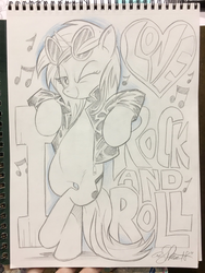 Size: 1536x2048 | Tagged: safe, artist:andypriceart, dj pon-3, vinyl scratch, pony, unicorn, g4, clothes, female, grayscale, jacket, mare, monochrome, one eye closed, signature, sunglasses, traditional art, wink