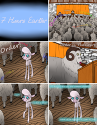 Size: 1410x1820 | Tagged: safe, artist:twiwrite-flare, pom (tfh), lamb, sheep, comic:the adventures of pom the sheep, them's fightin' herds, adventure, chamber, comic, community related, confused, court, crowd, dialogue, ewe, flash back, flock, order, podium, prime minister, prologue, question, ram, ram horns, stage, thatched roof cottages, thought bubble, wooden floor