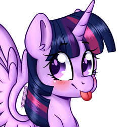 Size: 4629x4917 | Tagged: safe, artist:girlunicorn, twilight sparkle, alicorn, pony, g4, :p, absurd resolution, blushing, bust, colored pupils, cute, ear fluff, female, looking back, mare, portrait, silly, simple background, smiling, solo, spread wings, tongue out, twiabetes, twilight sparkle (alicorn), white background