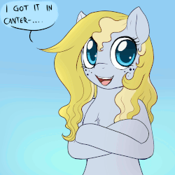 Size: 1000x1000 | Tagged: dead source, safe, artist:evomanaphy, oc, oc only, oc:evo, earth pony, pony, animated, bipedal, chest fluff, collar, crossed arms, dialogue, eyes closed, female, freckles, gif, looking at you, mare, open mouth, shrunken pupils, smiling, solo, text, wat
