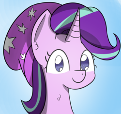 Size: 3371x3152 | Tagged: safe, artist:artiks, starlight glimmer, pony, g4, alternate hairstyle, beanie, blue background, bust, female, hat, high res, looking at you, simple background, solo