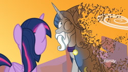 Size: 1920x1080 | Tagged: safe, artist:crisostomo-ibarra, star swirl the bearded, twilight sparkle, alicorn, pony, unicorn, g4, avengers: infinity war, discovery family logo, disintegration, fake, fake screencap, female, i don't feel so good, imminent death, male, mare, series finale, spoilers for another series, stallion, twilight sparkle (alicorn)