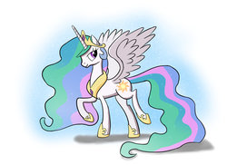 Size: 1024x744 | Tagged: safe, artist:tech--pony, princess celestia, alicorn, pony, g4, ethereal mane, female, jewelry, mare, regalia, smiling, solo, spread wings, wings