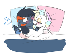 Size: 798x590 | Tagged: safe, artist:redxbacon, oc, oc only, oc:night tracer, oc:sweet script, bat pony, pony, bat pony oc, bed, blushing, cuddling, eyes closed, fangs, female, lesbian, not gay, pillow, simple background, smiling, snuggling, white background